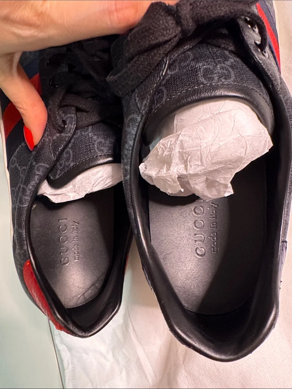 Gucci Gray leather Monogram Sneakers with Navy and Red Stripes